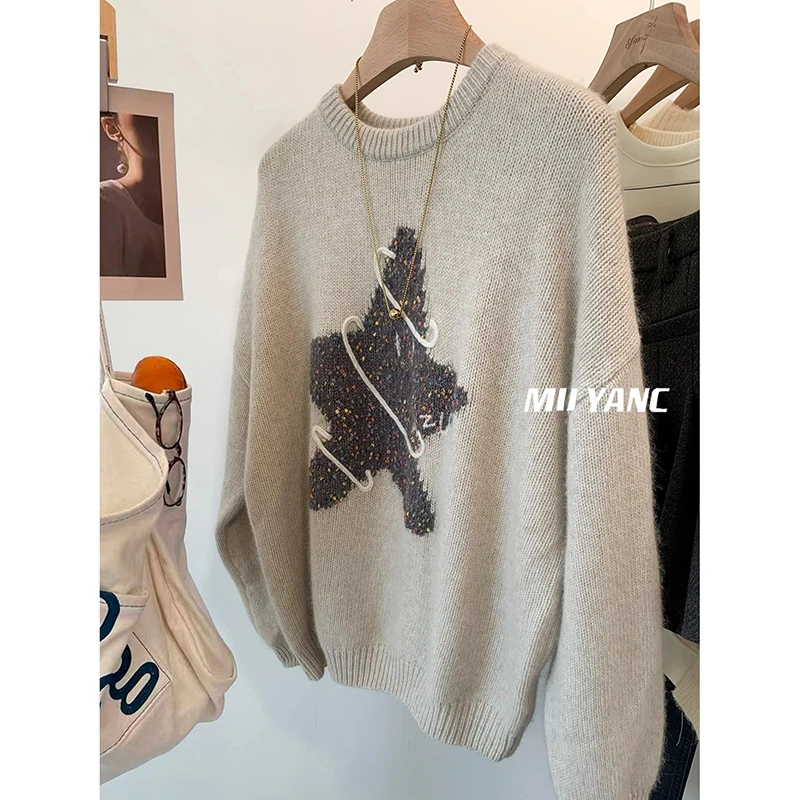 2024 Autumn Winter Lazy Style Long Sleeve Sweater Women O-neck Pullovers Tops Solid Color Loose Casual Knitted Sweater