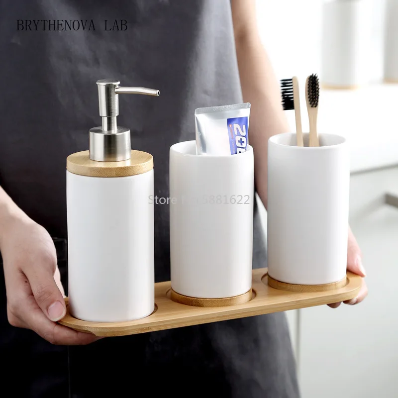 Ceramic Bamboo Bathroom Tumblers Teeth Brushing Cup Emulsion Bathroom Container Kitchen Tableware Dishwashing Liquid Container