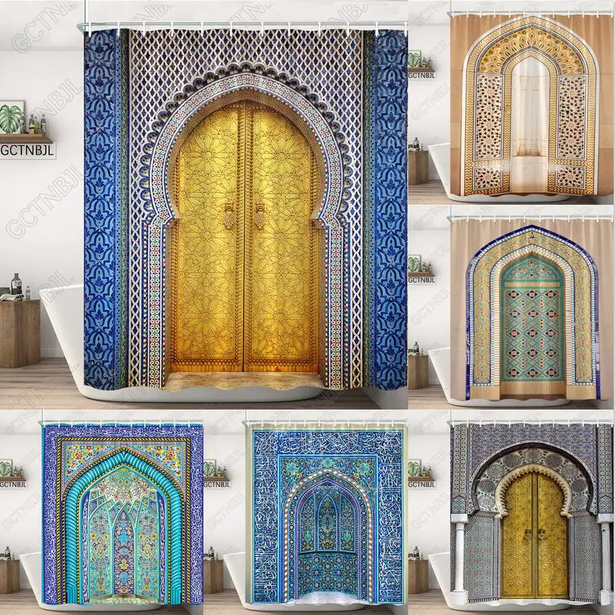 

Moroccan Yellow Antique Arched Doors Shower Curtains Old Vintage Wooden Door Bathroom Waterproof Fabric Bath Curtains With Hooks