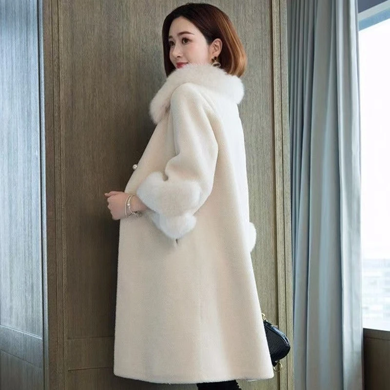 Autumn Winter New Imitation Sheep Shearing Fur Coat Women\'s Mid-length Imitation Fox Fur Collar Loose Granular Fur Imitation Fur