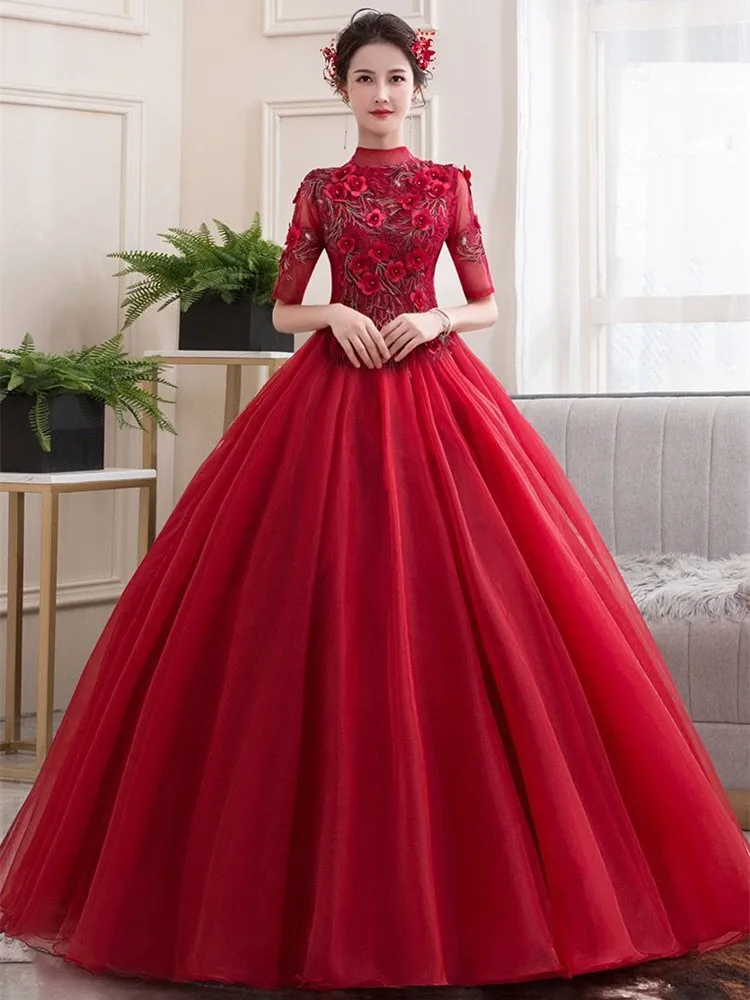 Wine Red Ball Gown Woman Dresses Solid Color Lace Applique Embroidery Stand Collar Five cent sleeve M308