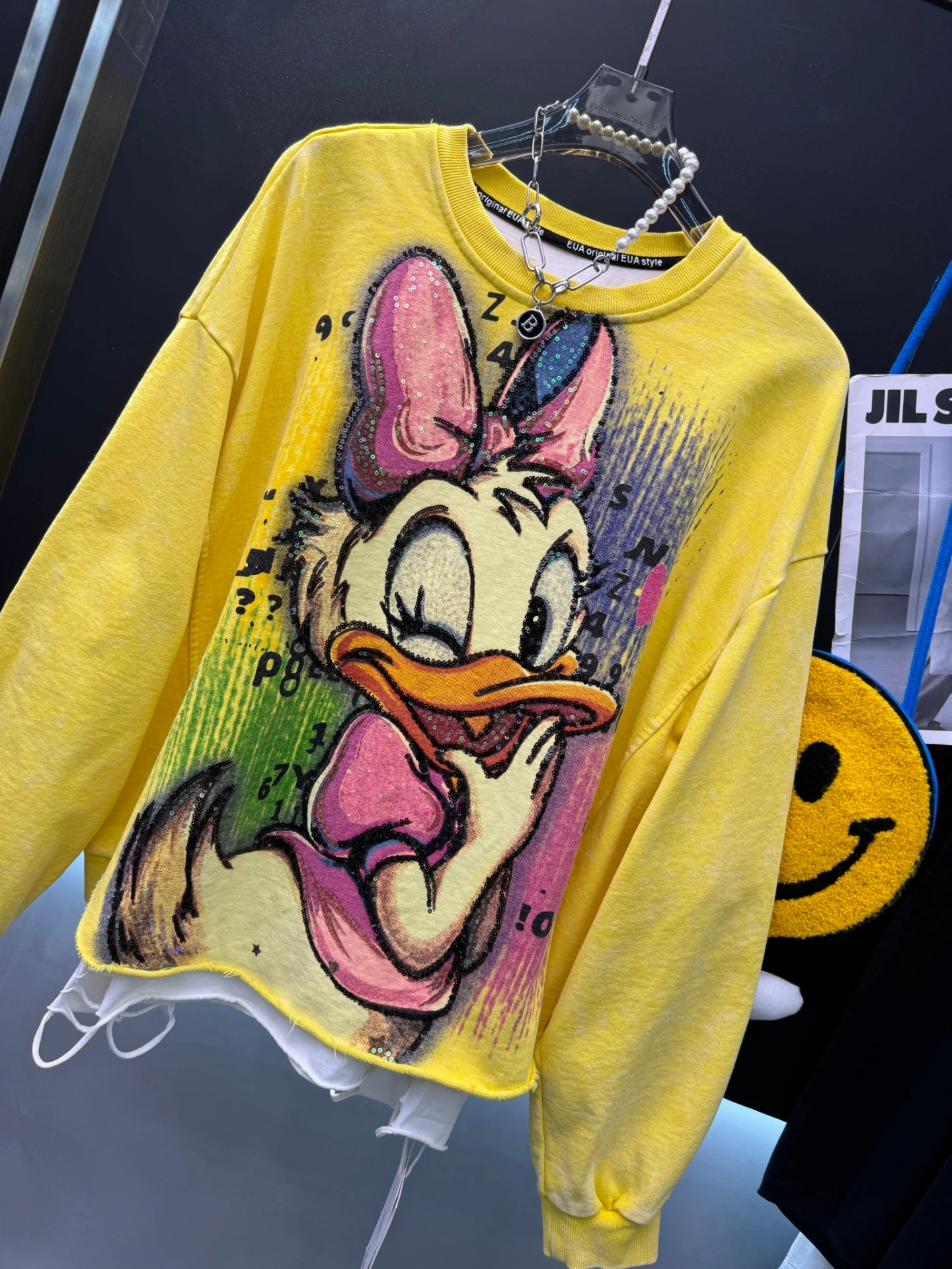 European Style Women's Sweatshirt 2025 Autumn New Heavy Sequin Duck Print Pullover Sweatshirt Loose Versatile Fake Two-Piece Top
