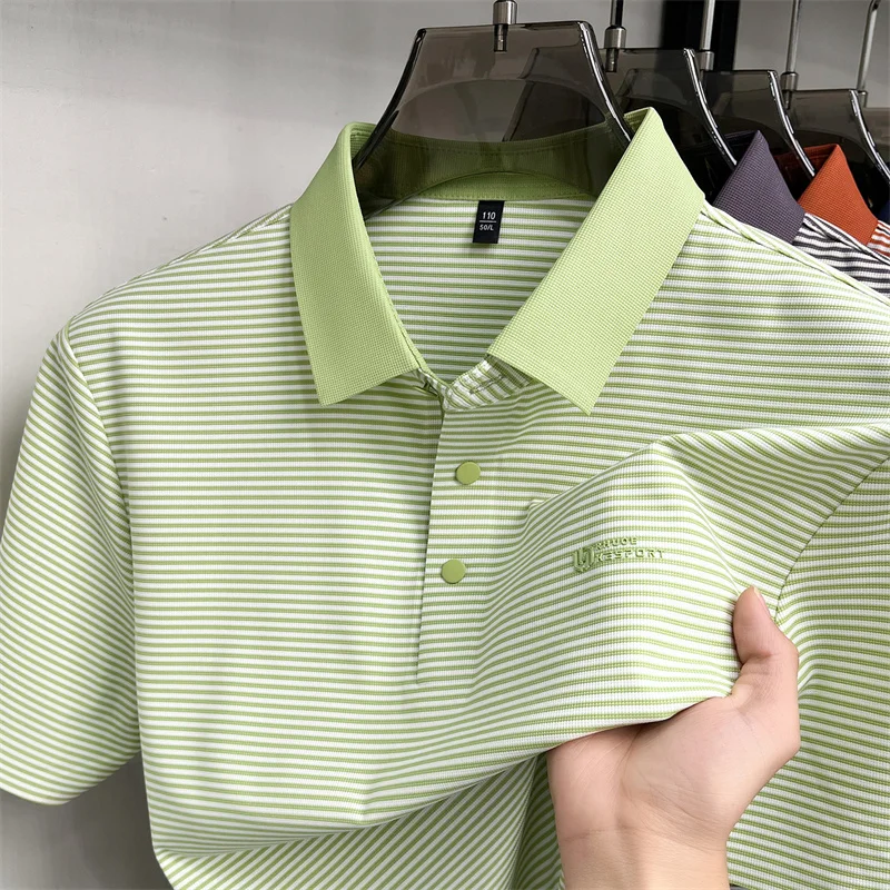 Luxury brand letter embossed short sleeve polo shirt personality stripes new men's summer casual fashion soft breathable T-shirt