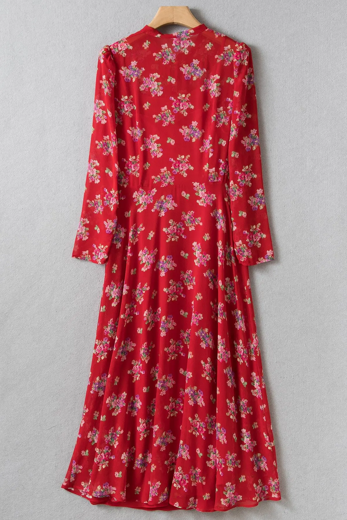 Ribbons Pearl Buttons Floral Printed Silk Sleeves Midi Dress UK 8-UK16