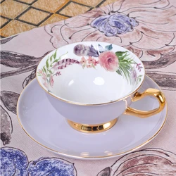 Pastoral Flower Ceramic Coffee Cups Minimalist Gold Edged Colored Porcelain Cafe Cup and Saucers European Afternoon Tea Mugs