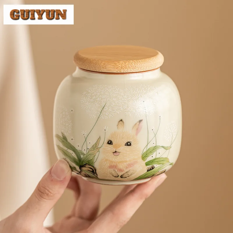 

Cute Rabbit Ru Kiln Tea Jar Portable Tea Box Organizer Moisture-proof Traditional Storage Tank Containers Tea Caddy Teaware Gift