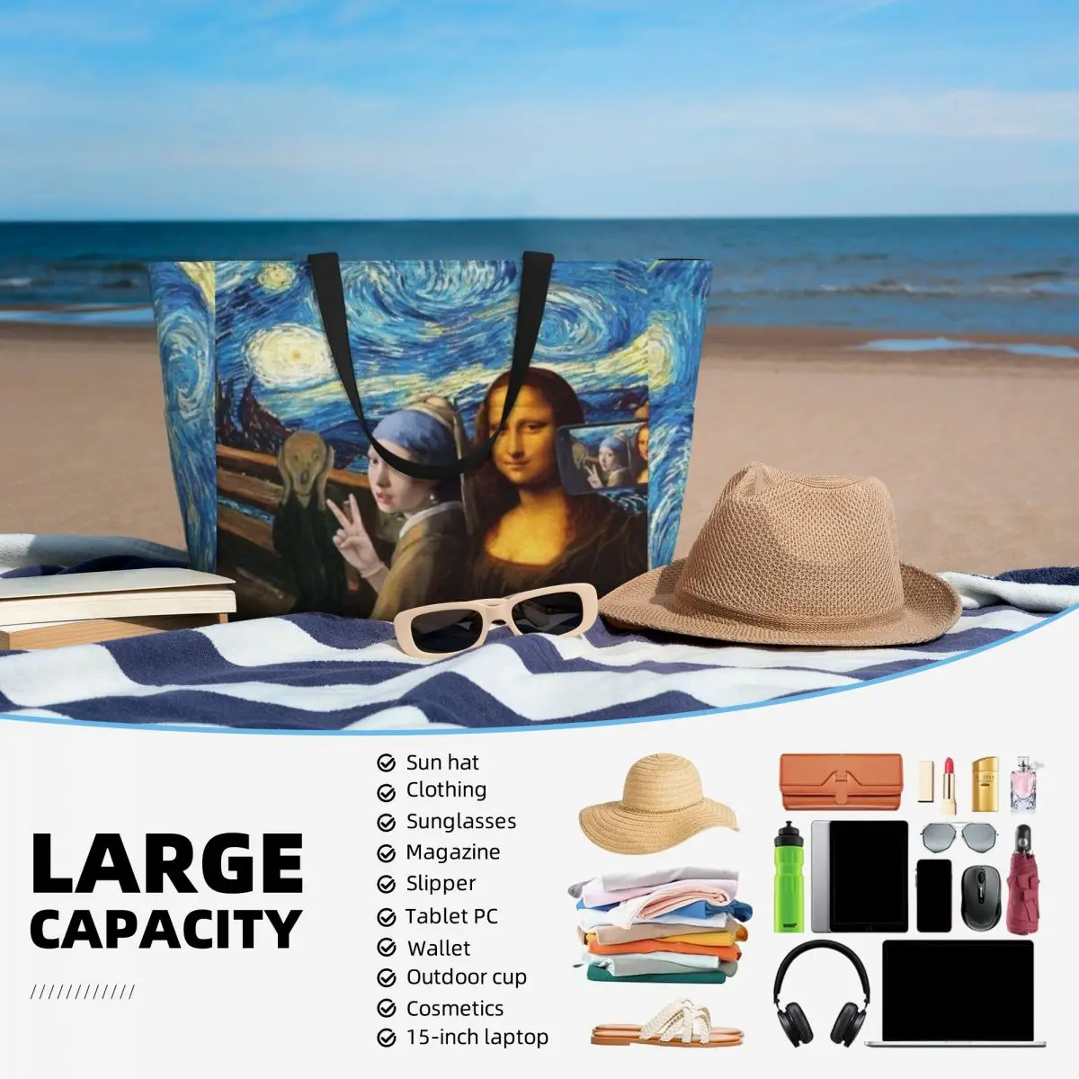 Custom Large Starry Night By Mona Lisa And Vincent Van Gogh Tote Bag Women Art Painting Shoulder Shopper Gym Beach Travel Bag