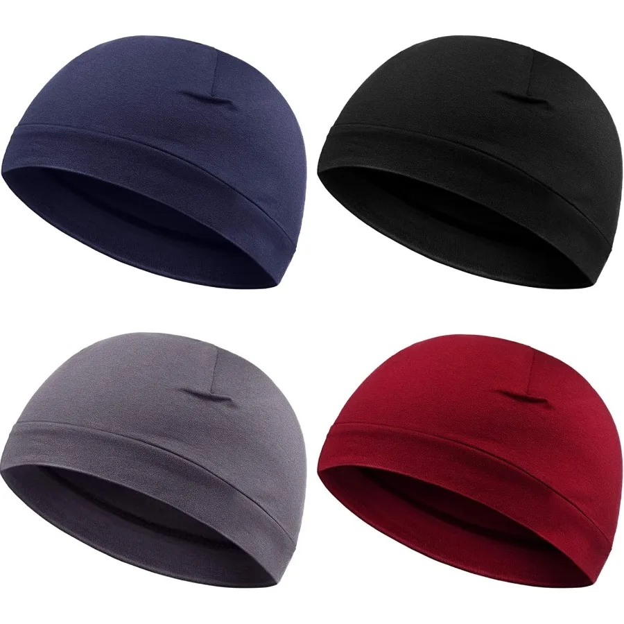 

Syhood 4 Pieces Men Skull Caps Soft Cotton Beanie Hats Stretchy Helmet Liner Multifunctional Headwear for Men Women