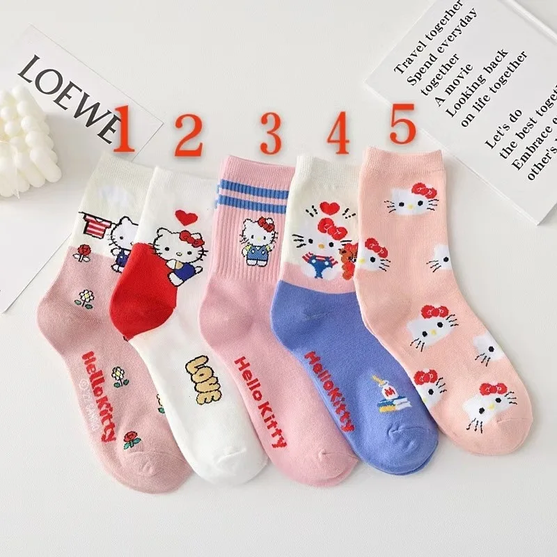 5 пар милых носков Y2K Hello Kitty для девочек, средние носки, аксессуары Kawaii Sanrio, носки, розовые, синие, белые, женские носки