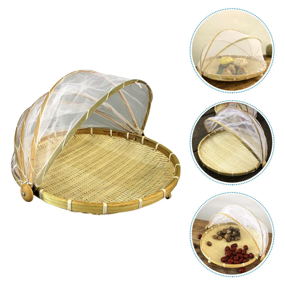 1Pcs Food Tent Basket Bamboo Storage Basket Round Hand-Woven Material Insect-Proof Mesh Cover Kitchen Organizer