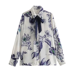 KODNALA 2024 Fall Summer Casual Print Flower Women Shirts Fashion Streetwear BOWtie Turn-down Collar Single Breasted Chic Shirt