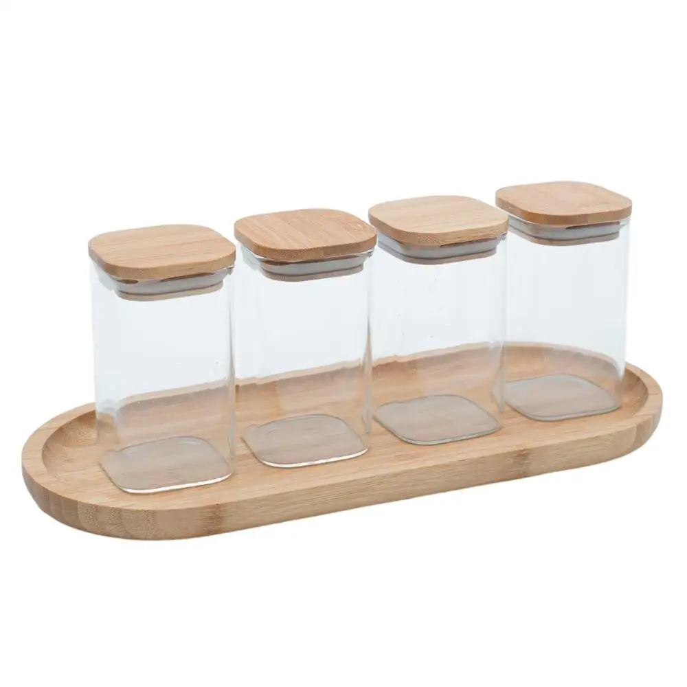 Kit 4 Glass Pots with 250ml Square Bamboo Lid and Bamboo Tray 34cm - Oikos