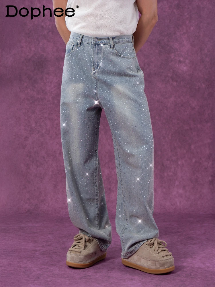 

2025 Men Loose Wide-Leg Straight Retro Trendy Jeans Sparkling Diamond Shiny Sequin Denim Trousers Handsome Stylish Denim Pants