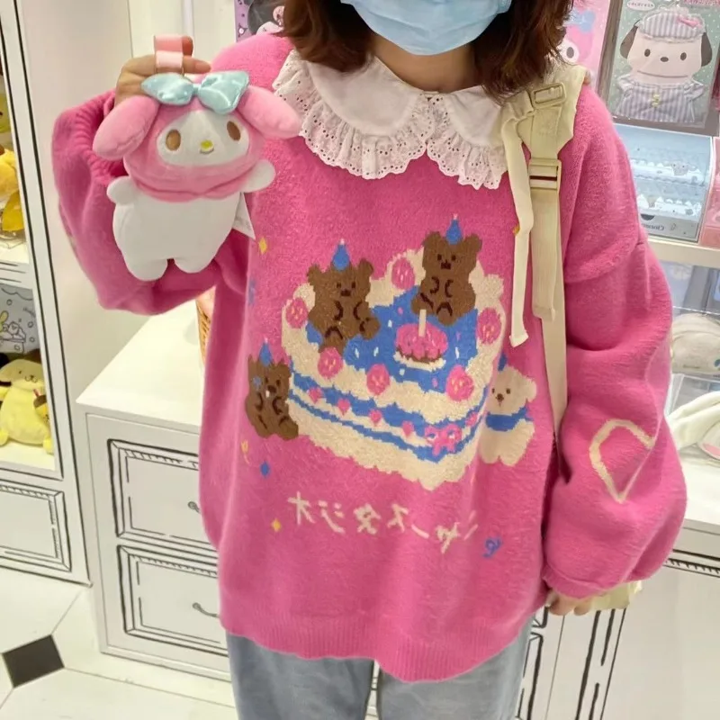 Kawaii Knitted Y2k Sweaters Thick Winter O Neck Pullovers Japanese Women Cartoon Bear Print Sueter Mujer Preppy Style Sweet