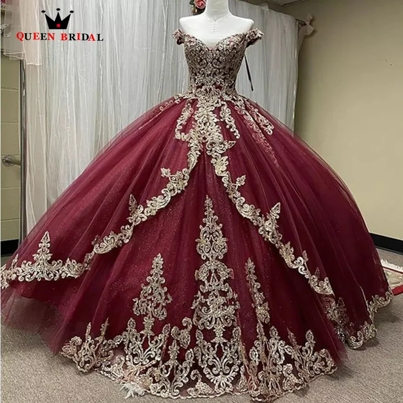 Изысканные платья для Quinceanera с открытыми плечами и V-образным вырезом, золотые бальные платья с аппликацией и бусинами, блестящее красное для девушек 15, платье для выпускного вечера ED26