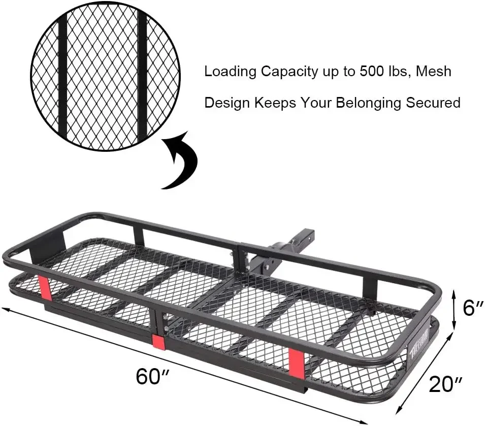 Portapacchi pieghevole per portapacchi da 60" di lunghezza x 20" di larghezza x 6" di altezza, cestino per bagagli in acciaio per rimorchio resistente con