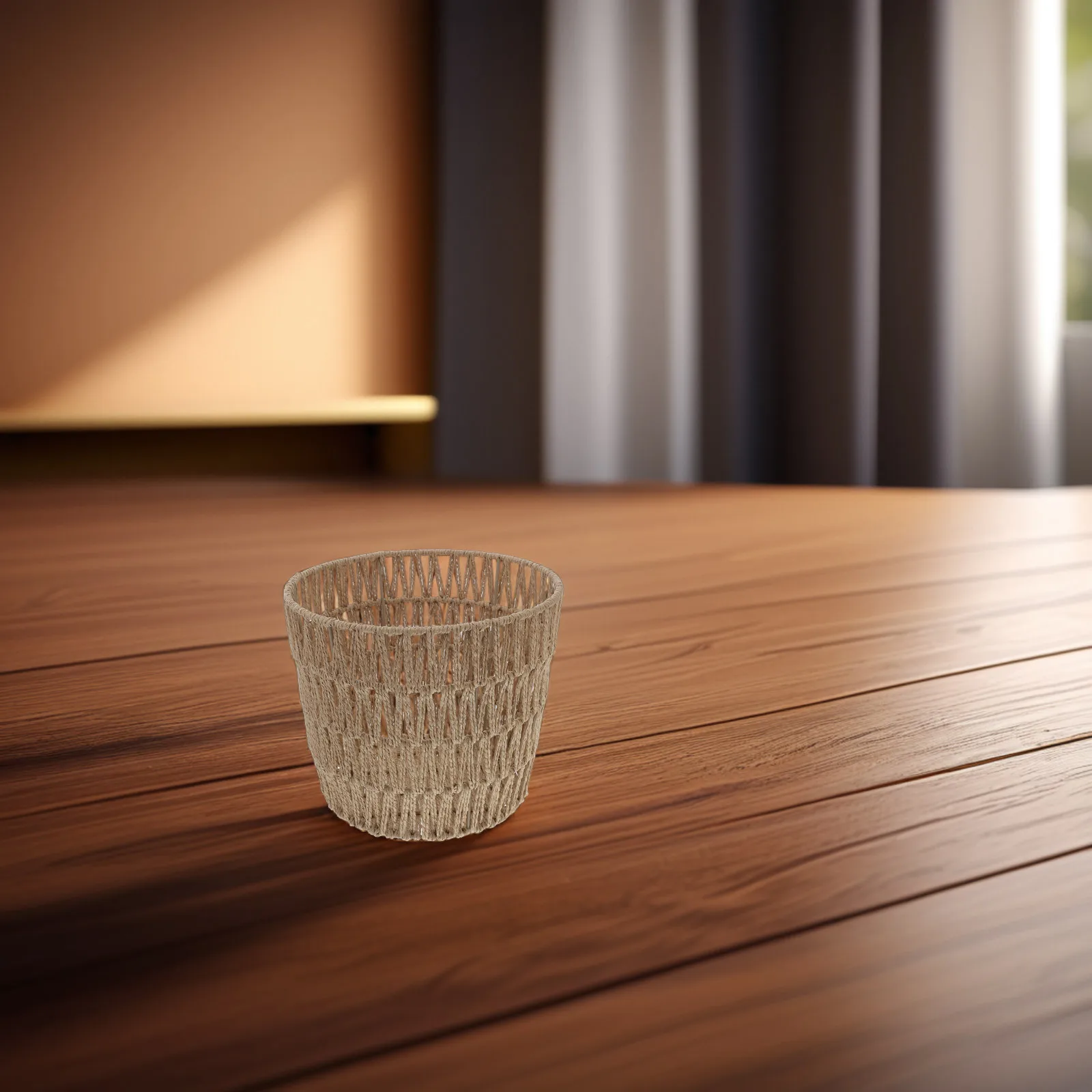 

Round Paper Rope Woven Trash Basket Small Desktop Storage Organizer Sundries Container for Bedroom Office Study
