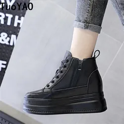 Women High Top Sneakers Platform Breathable Genuine Leather Shoes Spring Lady Wedges Casual Shoes For Woman Sports Dad Shoes 9CM