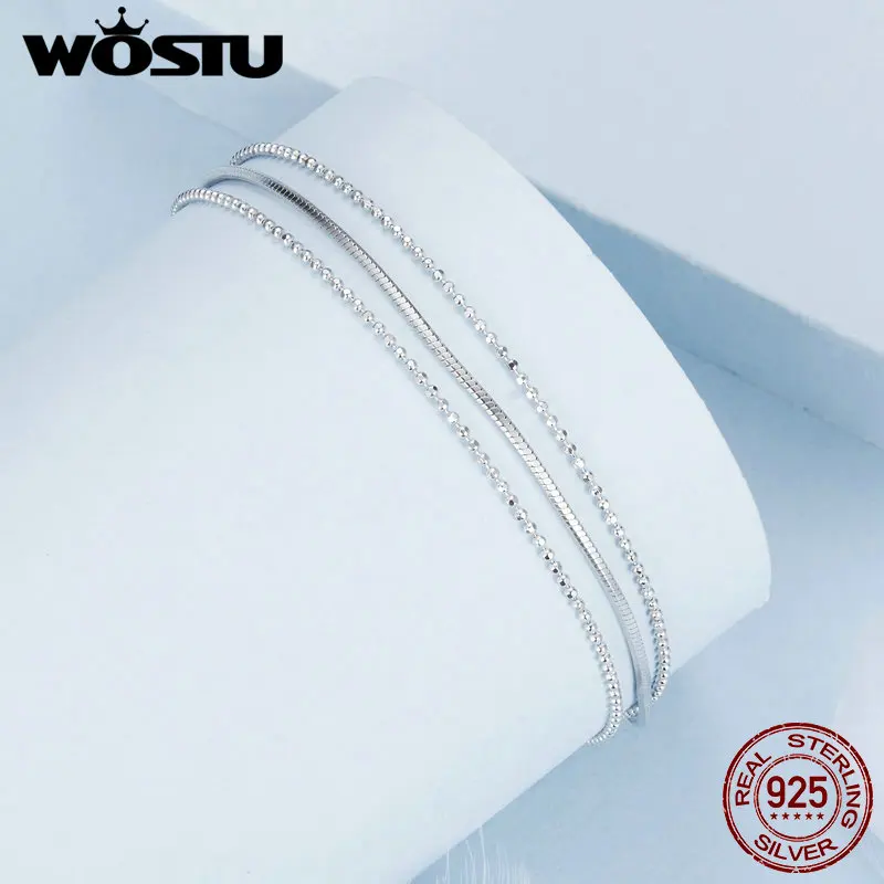 WOSTU 925 Sterling Silver Minimalist Triple-Layered Bracelet For Women Bead Chain Box Links Wedding Jewelry Girl Birthday Gift