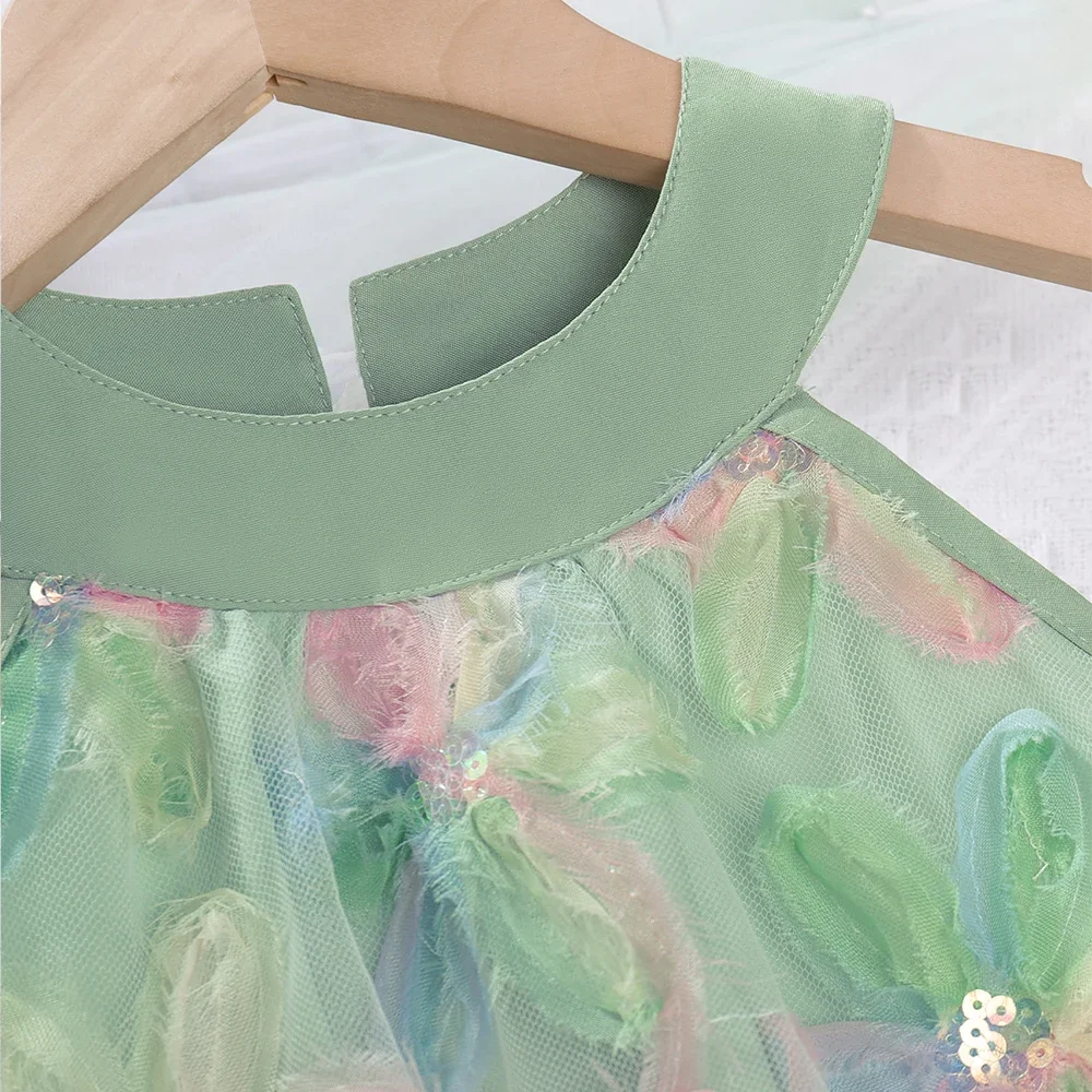 الصيف موضة جديدة 3-7 سنوات الفتيات الحلو القوس الديكور س الرقبة أكمام فستان الأميرة 1 قطعة الأطفال زهرة زين الملابس