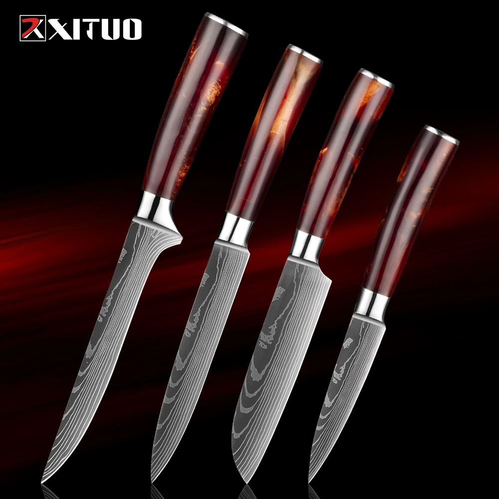 Razor Sharp Utility Paring Knife Set 1-4PCS Small Chef Boning Kitchen Knives Fruit and Vegetable Cutting Knife Red Resin Handle