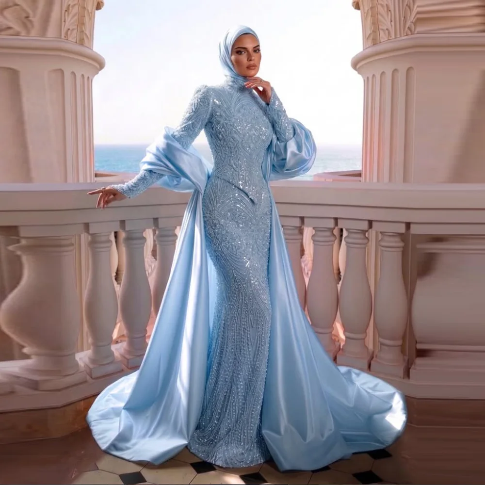 Maßgeschneidertes arabisches blaues Luxus-Abendkleid mit Perlen und Pailletten im Meerjungfrauenstil, bescheiden für muslimische Frauen, Hochzeitsfeierkleid, Ballkleid.