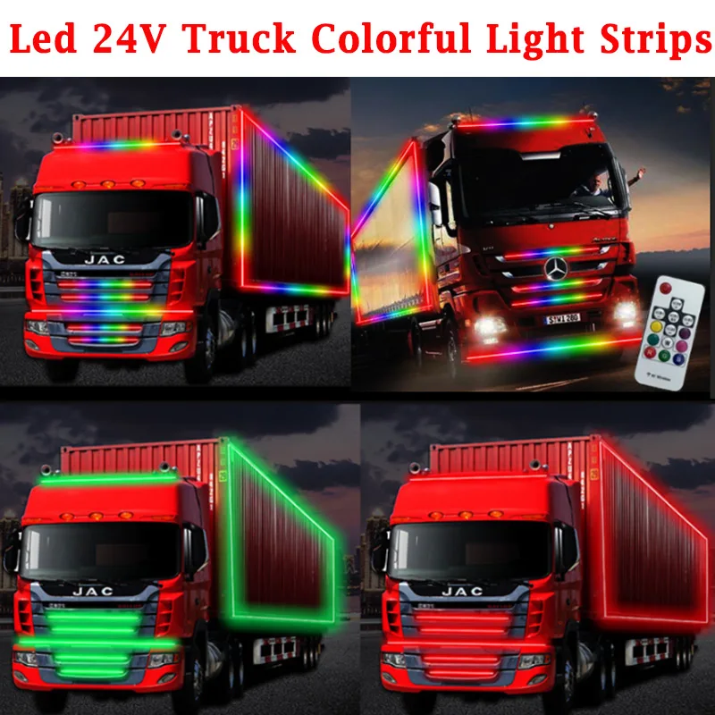 Led Truck Light Strips Light Bar RGB Colorful Atmosphere Decorative light 1/1.5/2M with Remote Warning Light Streamer Lamp 24V