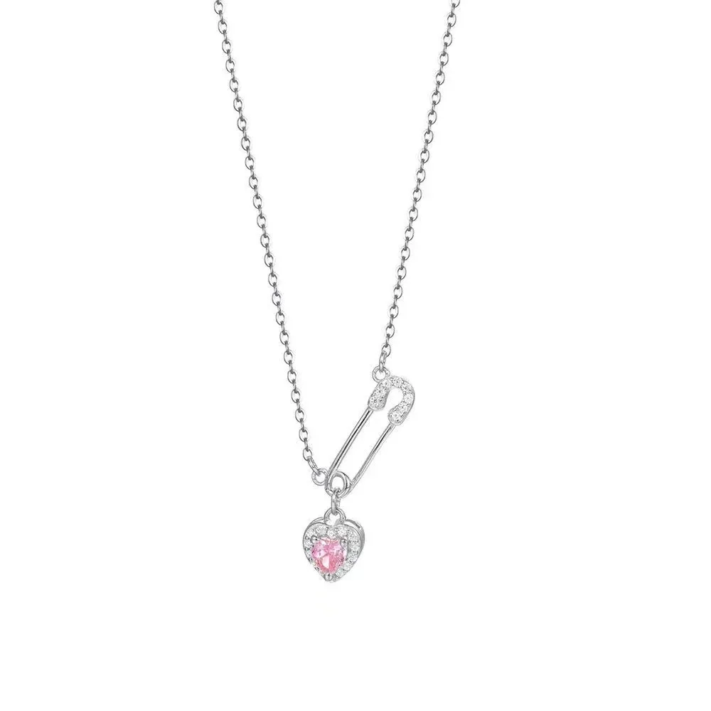 Fashion Love Pendant Pin Necklace Safety Needle Hollow Necklace Zircon Clip Collarbone Chains Women view 3