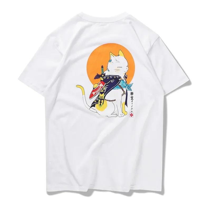 Cute Japanese Samurai Ronin Cat T-Shirt New 100% Cotton Summer Short Sleeve O-Neck Harajuku Casual Mens T-shirt Streetwear