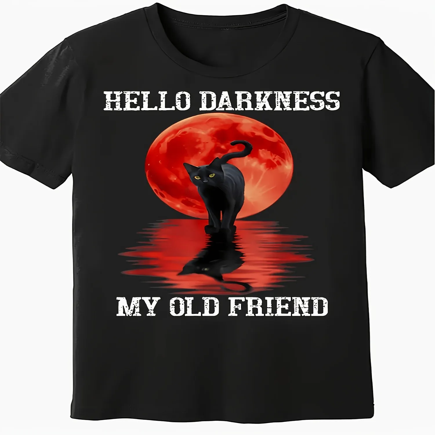Men'S Black Cat Graphic T-Shirt - Hello Darkness, My Old Friend Soft And Comfortable, Casual Crew Neck, Suitable for All-Season Casual Wear, Printed Cat T-Shirt with Slight Stretch Fabric, Classi Cotton Tee, Gift For Him
