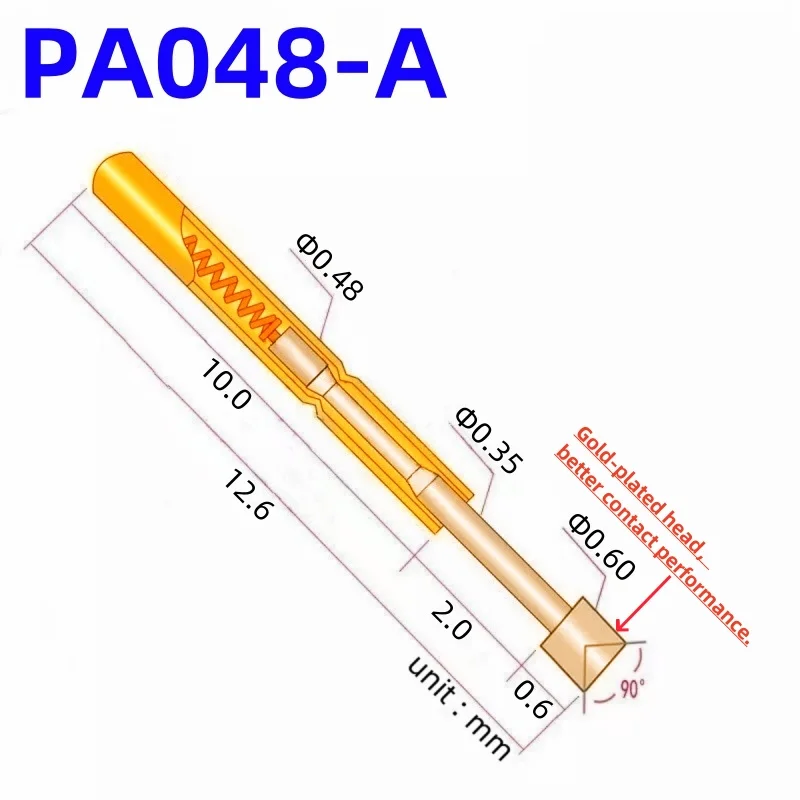 100PCS PA048-A Spring Test Probe Test Pin Test Tool 12.6mm Dia 0.48mm Gold Needle Tip Dia 0.6mm Pogo Pin P048-A