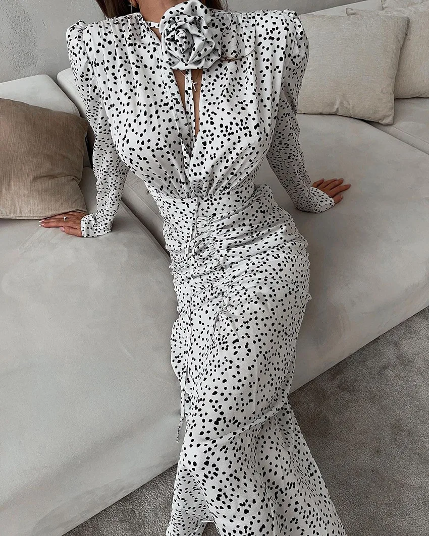 Robe sexy européenne et américaine, col en v, manches bulles, pois, fente florale, jupe longue transfrontalière à la mode, automne 2025