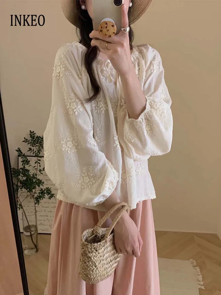 

Женская блузка на шнуровке с круглым вырезом в корейском стиле, стильная жаккардовая блузка с длинными рукавами, однотонные топы большого размера, сексуальные 2021, INKEO 5T049