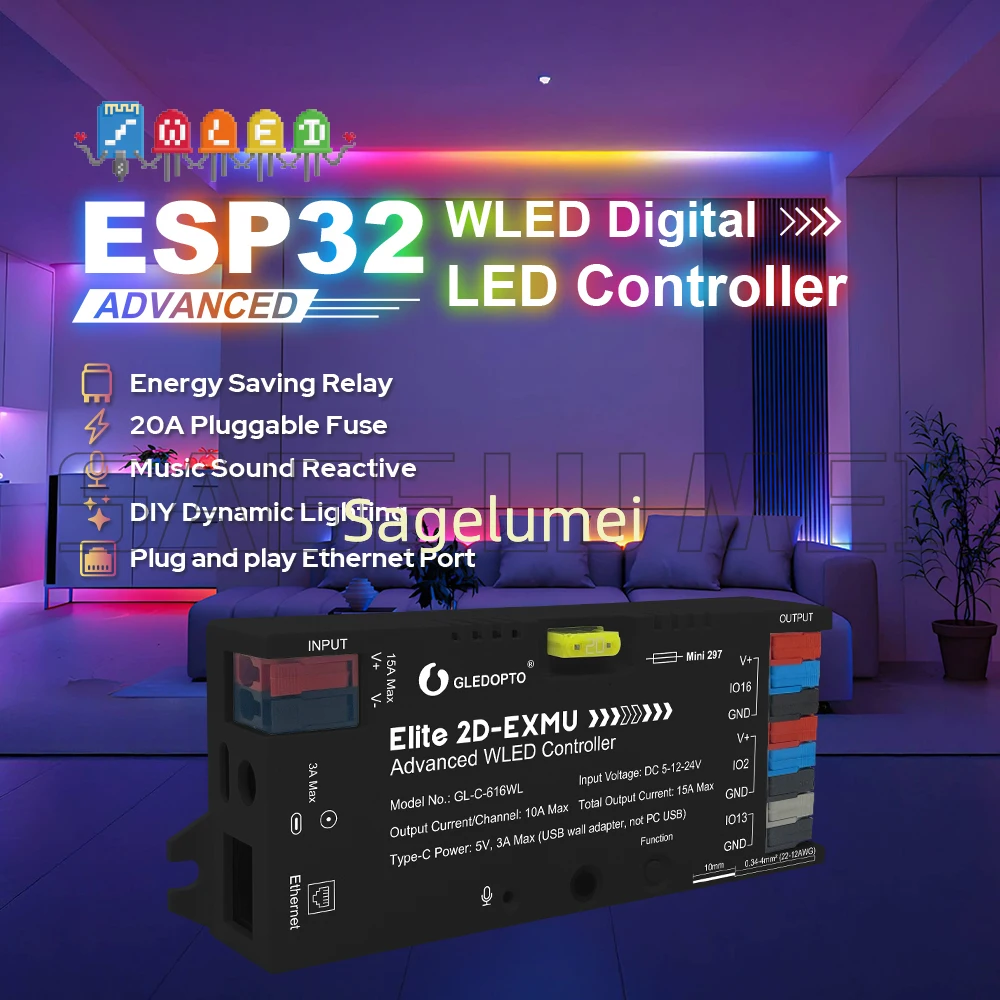 GLEDOPTO GL-C-616WL ESP32 WLED LED Controlle Elite 2D EXMU Advanced with MIC DIY Dynamic Light FOR WS2812b SK6812 Strip DC 5-24V