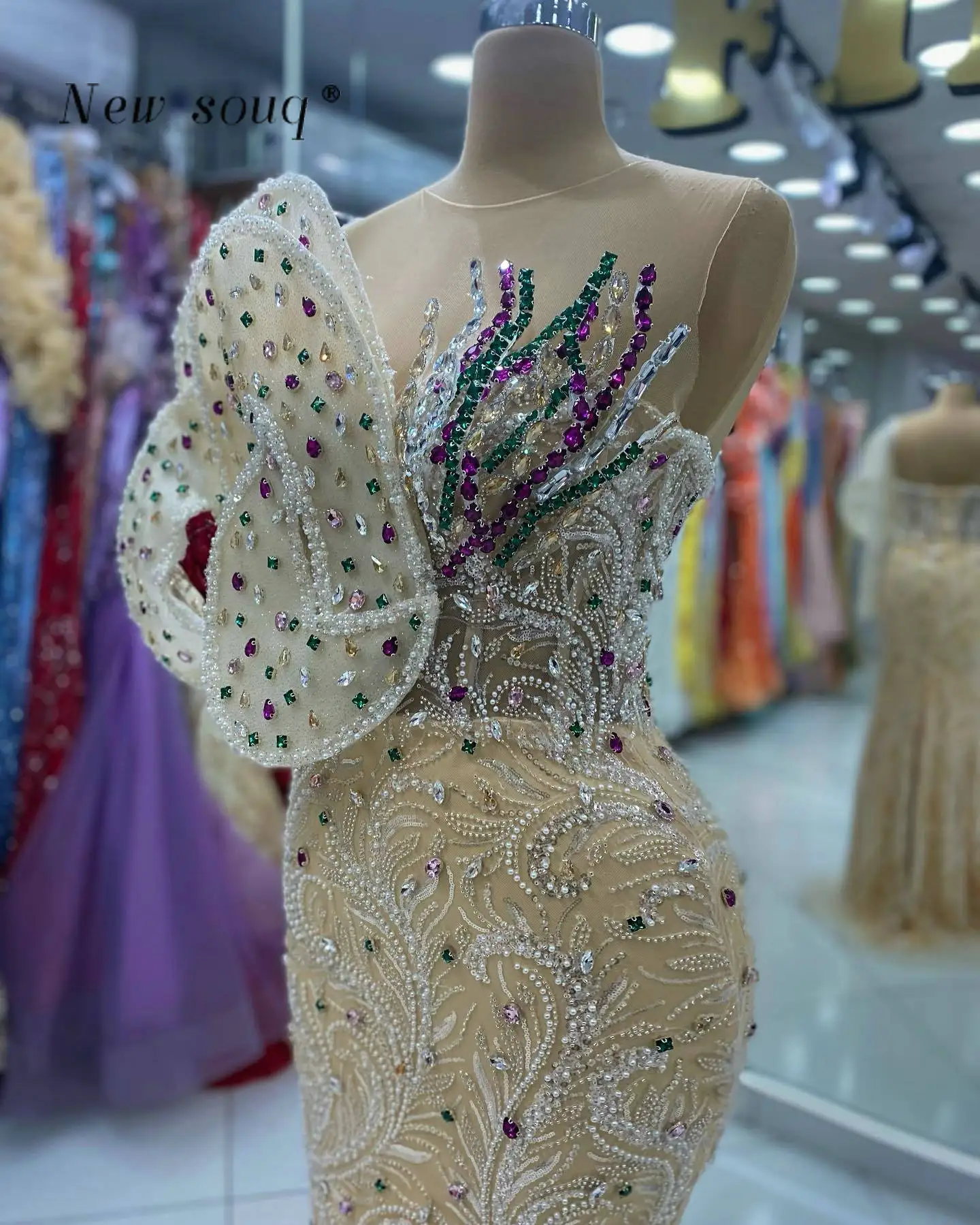 Fashion Chic Design Champagne Long Mermaid Evening Dresses with Colorful Crystals 2024 One Shoulder Formal Wedding Night Gowns