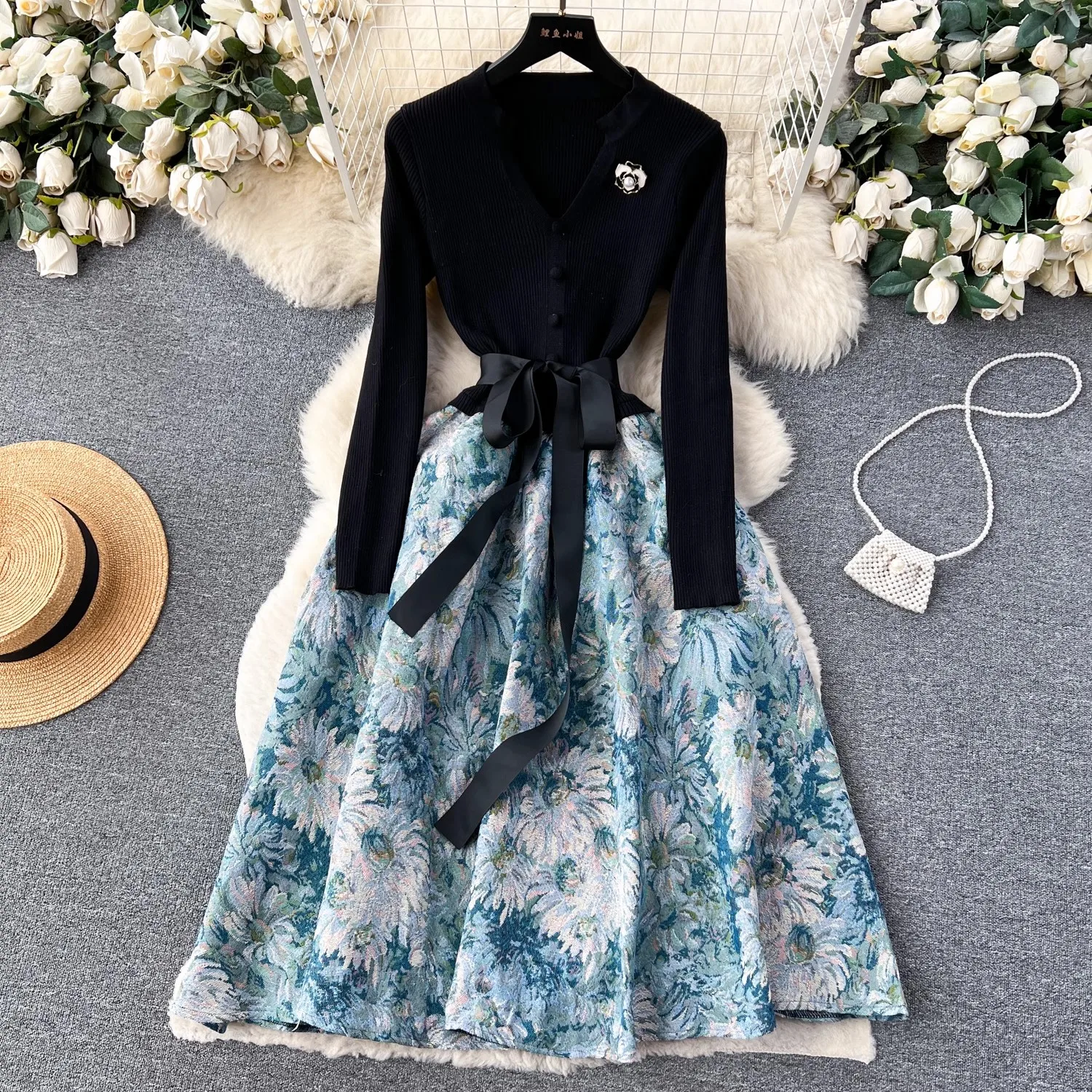 

Women Elegant Evening Party Dresses Fashion Knitted Patchwork Floral Jacquard Dress Vintage Slim Belt Lace Up A-Line Midi Dress