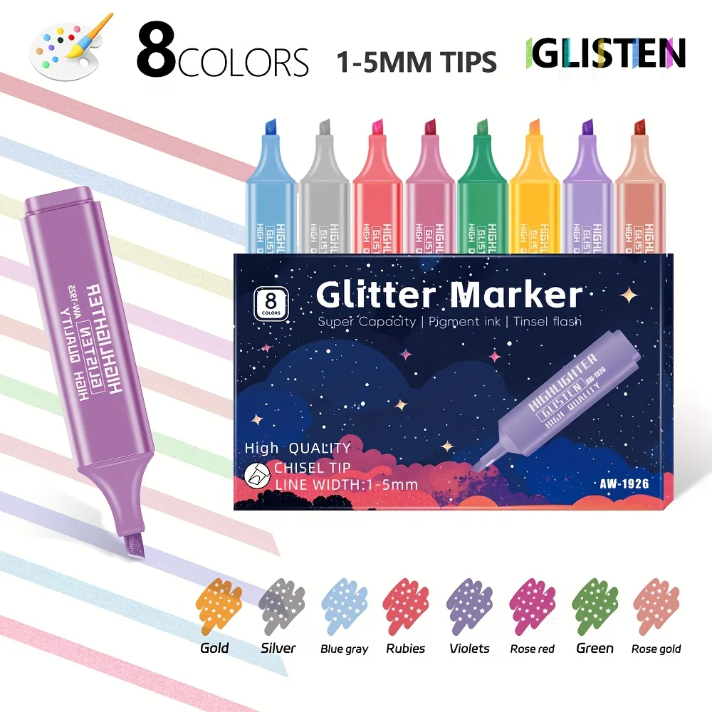 8-Color Metallic Glitter Highlighter Pens Set Shimmering Fluorescent Spot Liner Quick-Dry & Smudge-Proof Stationery A3248