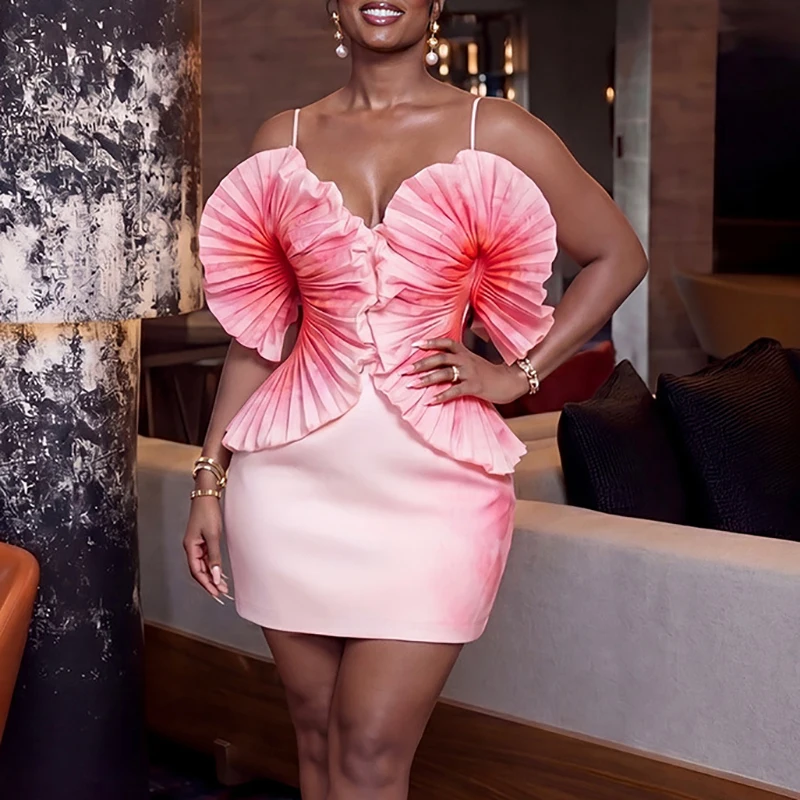 Sexy Slim Sleeveless Hollow Out Banquet Dress Chic 3D Floral Halter Evening Dress Elegant Gradient Printed Wrap Hips Short Dress