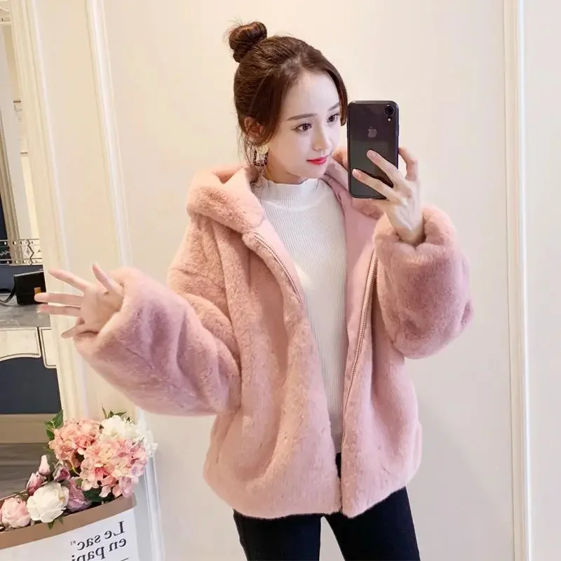 High Quality Fur Coat Women 2024 New Autumn Winter Thick Hooded Outwear Imitation Rabbit Mink Plush Jacket Short Overcoat Female