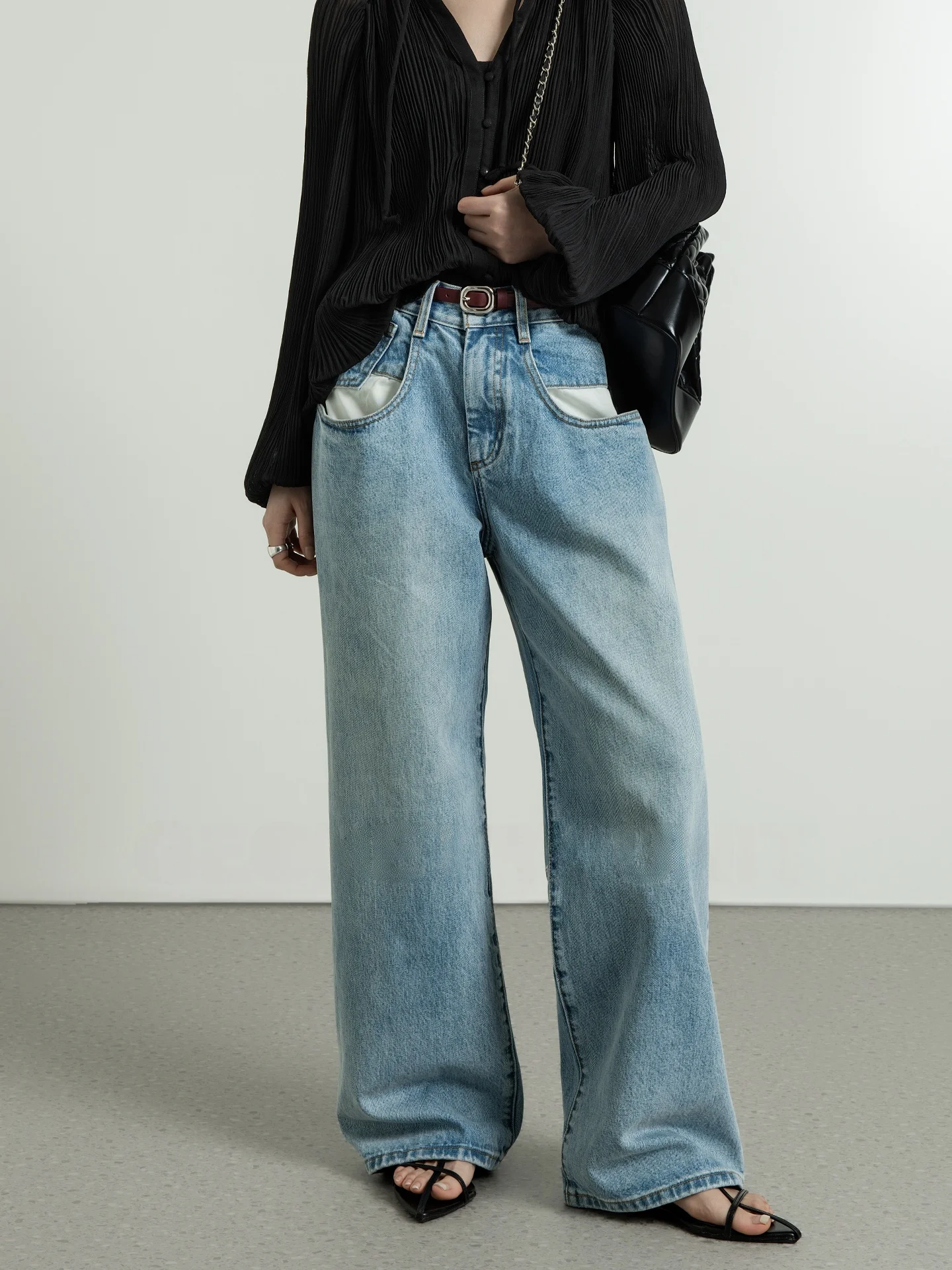 

Waed out Straight Leg Non-Stretch Denim Jeans Women's Geometric ket Design Versatile Vintage Wide Leg Pants