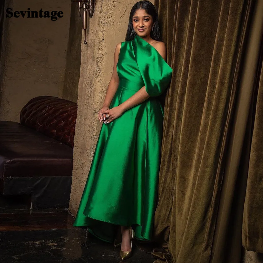 

Sevintag Green Satin Midi Prom Dresses 2022 Saudi Arabia One Shoulder Formal Evening Gowns A Line Princess Long Women Dress