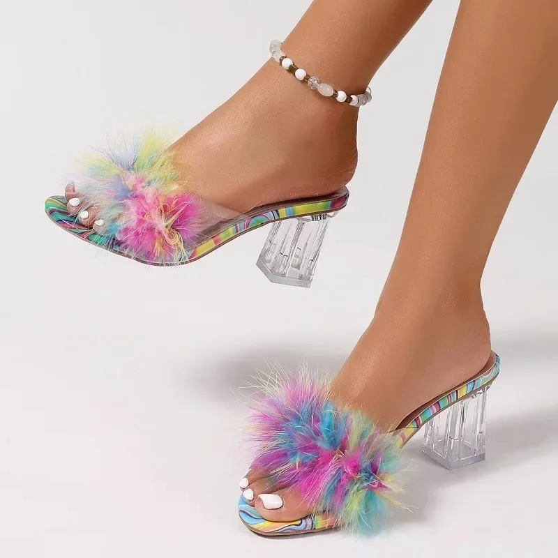 

2025 Summer Crystal Women's Slippers Fashion Outdoor New Open Toe Best Seller Feather Plus Size Color Matching High Heelszapatos