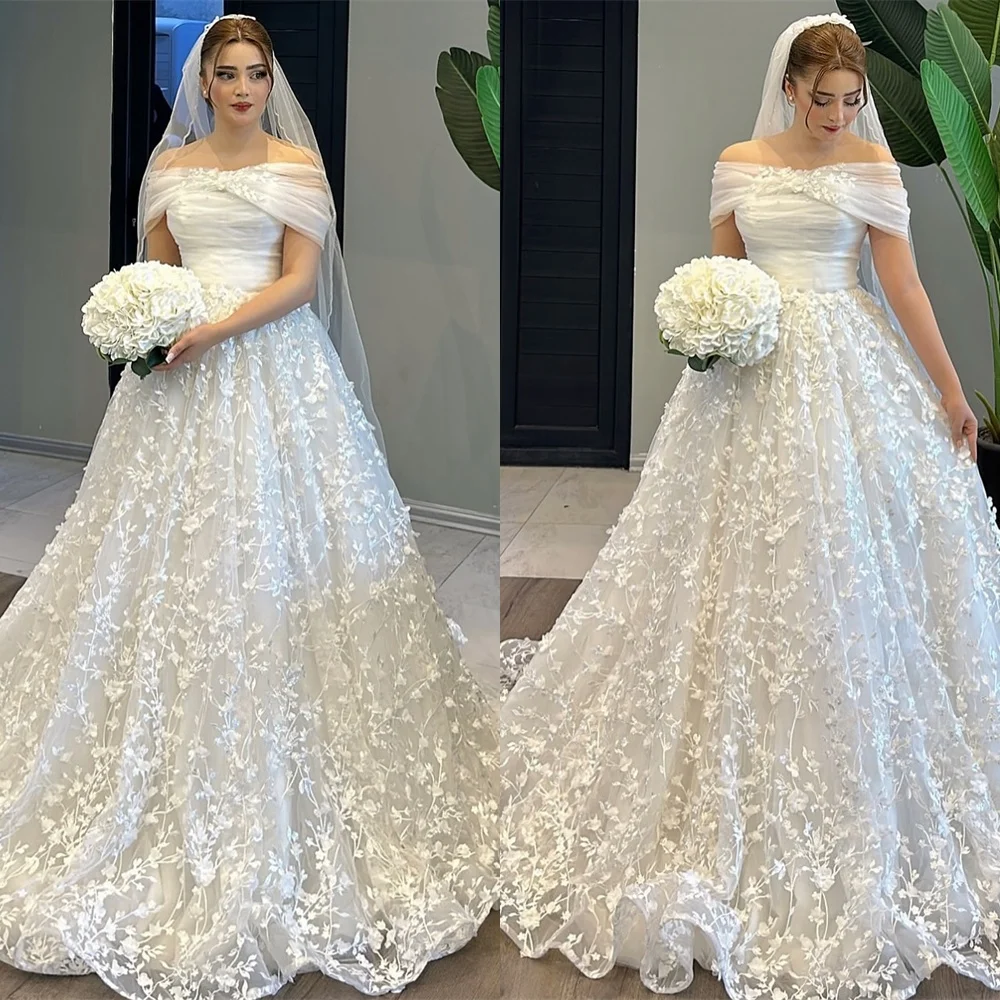 

Customized Elegant White Organza Wedding Dress Boat Neck Off the Shoulder Short Sleeves Chapel Train Appliques Bridal Gowns