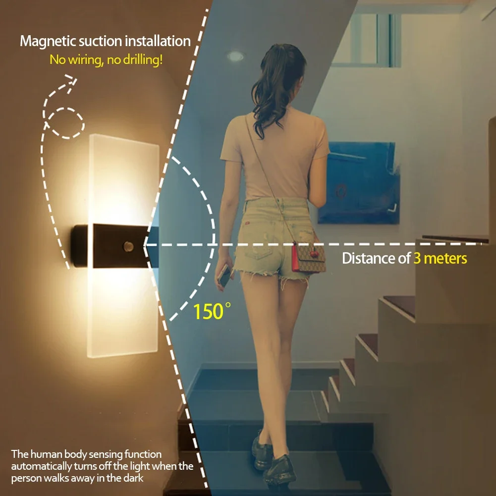 Lampada A LED Con Sensore Di Movimento Ricaricabile USB 2 Pezzi - Adesiva Magnetica Per Scale E Cucina
