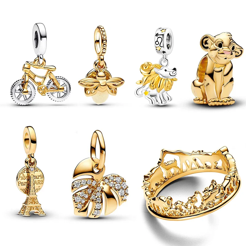 

925 Silver Fashion Gold Color Collection Ring and Lion Charms Beads Fit Pandora Original Woman Bracelets DIY Jewelry Gift New in