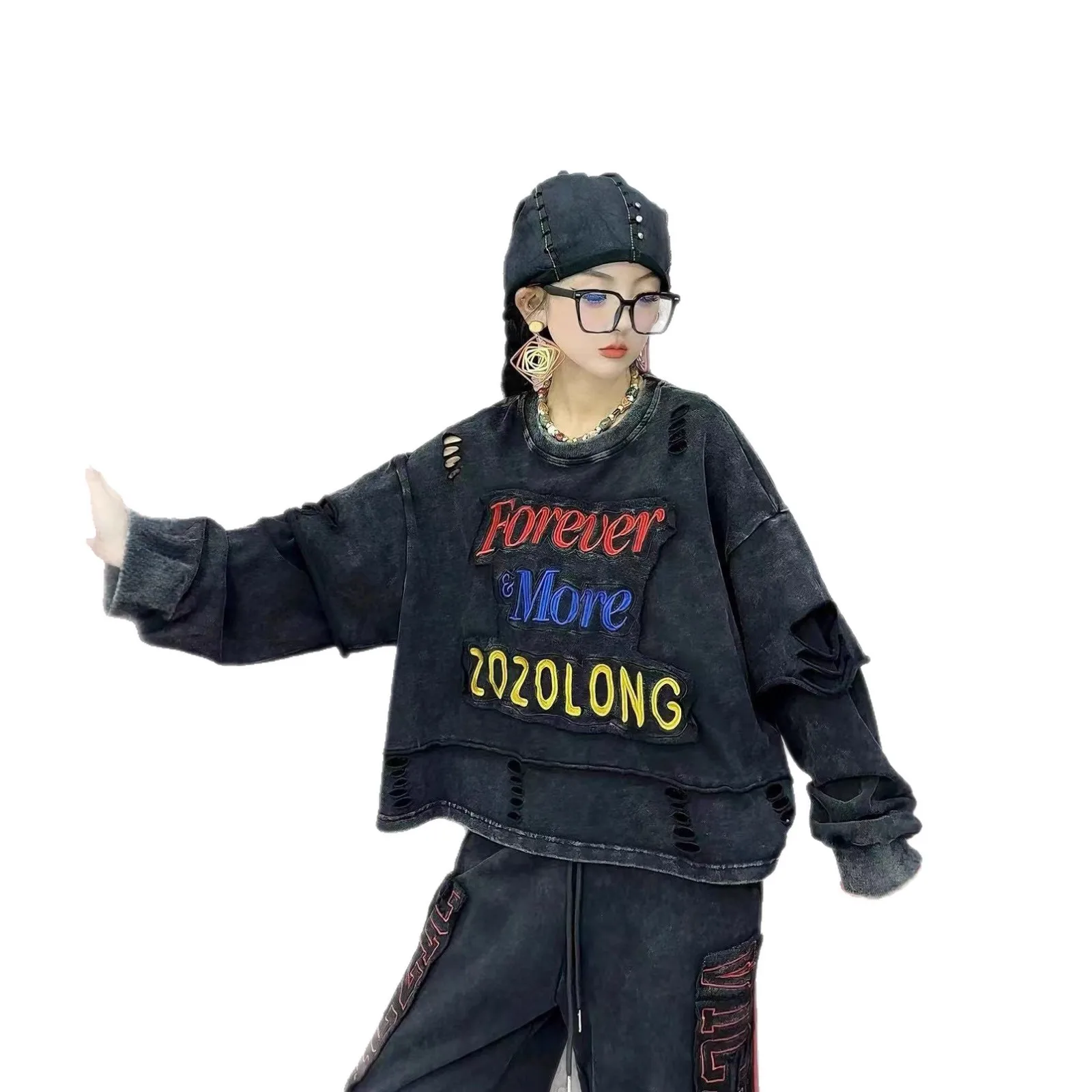 European Style Women's Sweatshirt 2025 Autumn New Personalized Patch Letter Print Distressed Sleeves Trendy Top Streetwear Women