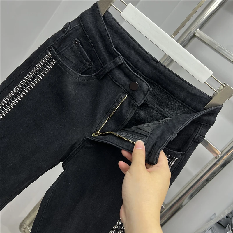 Thicken Fleece High Waist Denim Pencil Pants for Women 2023 New Autumn Winter Side Hot Drilling Slimming Trousers Black Jeans