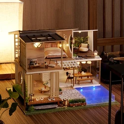 DIY Wooden Modern Loft Casa Miniature Building Kits Assembled Dollhouses With Light Bookshelf Home Decor Friends Birthday Gifts