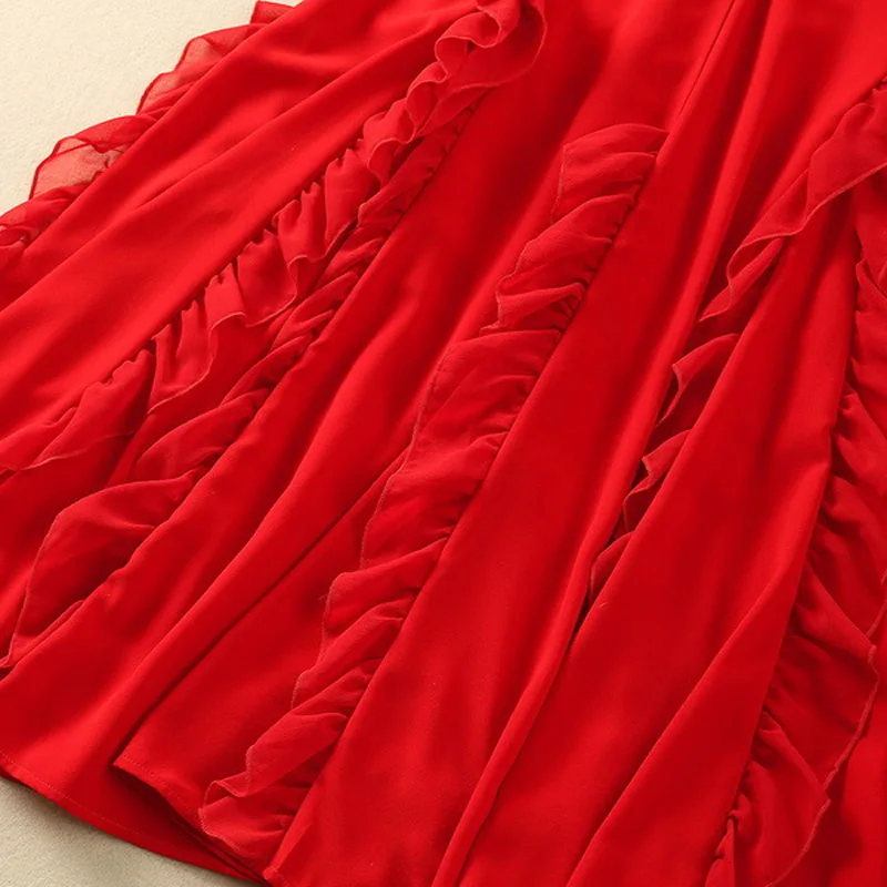 2024 Frühling rot solide Frauen Rand Kleid Mode V-Ausschnitt Maxi A-Linie Kleider