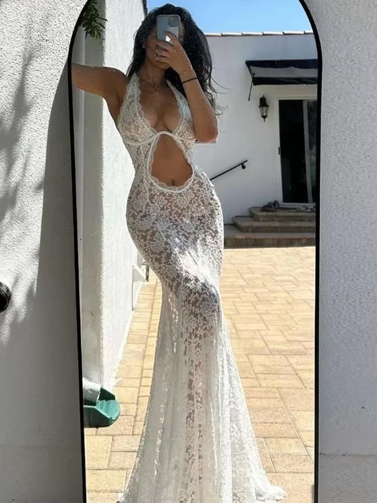 Estranho gato renda sexy halter vestido de festa feminino chique sem costas sem mangas oco jantar casamento verão férias bodycon vestidos